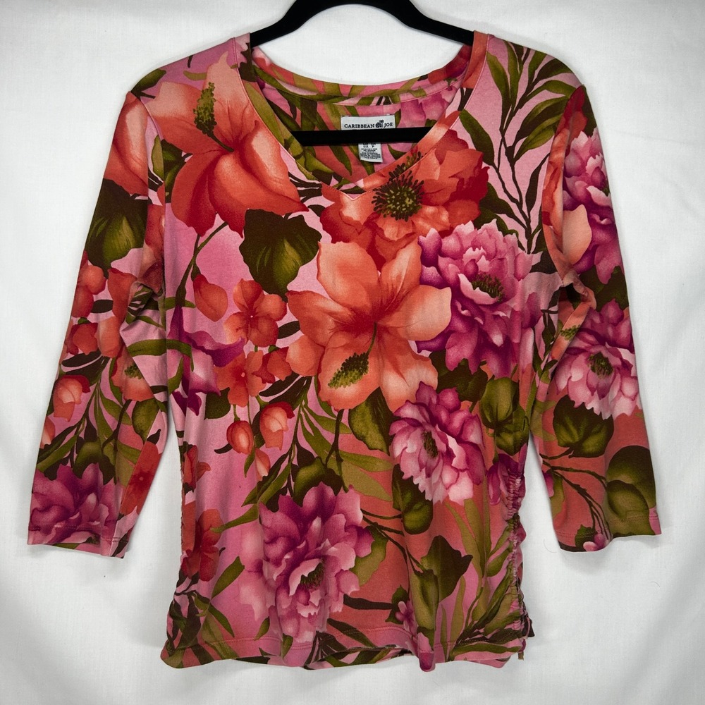 Vintage 2000s Y2K Caribbean Joe Pink Floral 3/4 Sleeve Top Women's Size Small